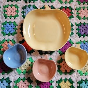 Rare vintage California pottery ceramic apple serving bowl and 3 salad b…